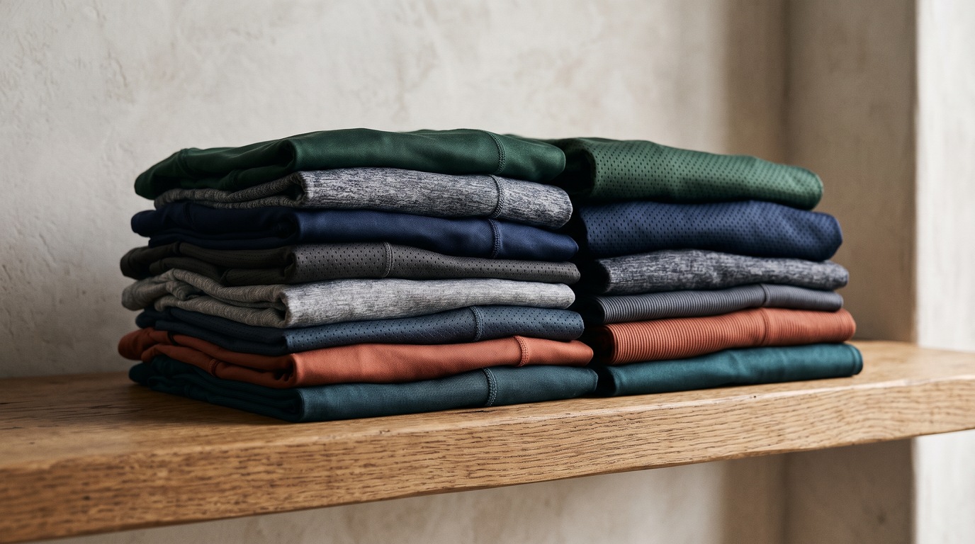 Folded athletic shirts in different fabrics on a wooden shelf