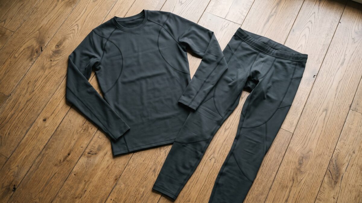 Compression tights and a long-sleeve top laid flat on a wooden floor
