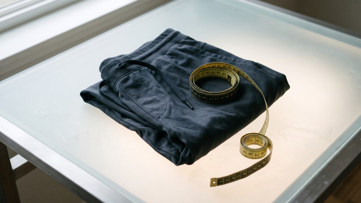 A measuring tape curled on folded training shorts