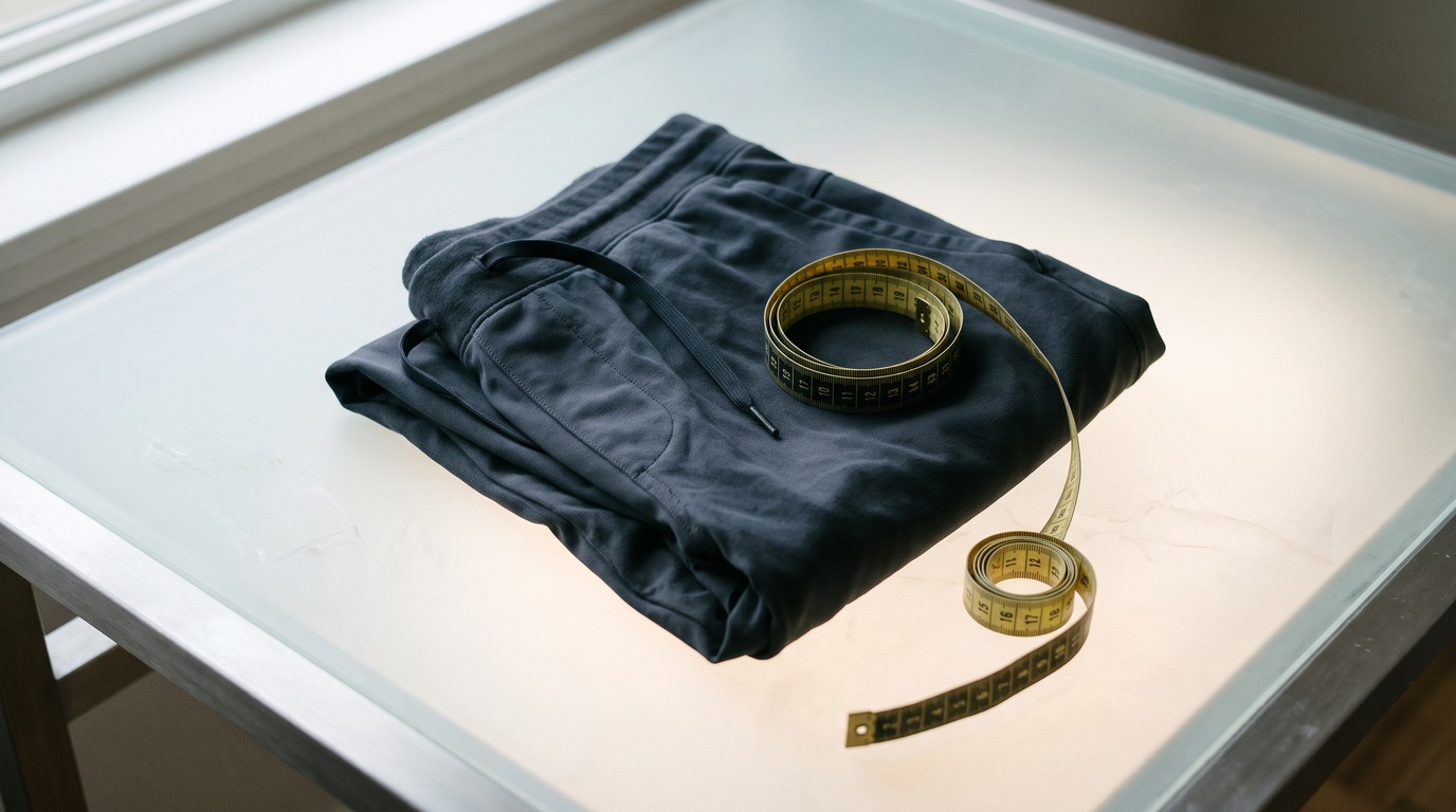 A measuring tape curled on folded training shorts