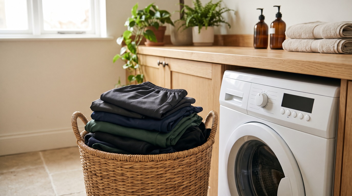 A basket of folded training clothes beside a washing machine